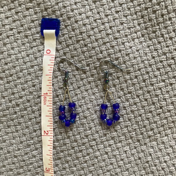 Handmade Blue Iridescent Beaded Dangle Earrings - Picture 5 of 6